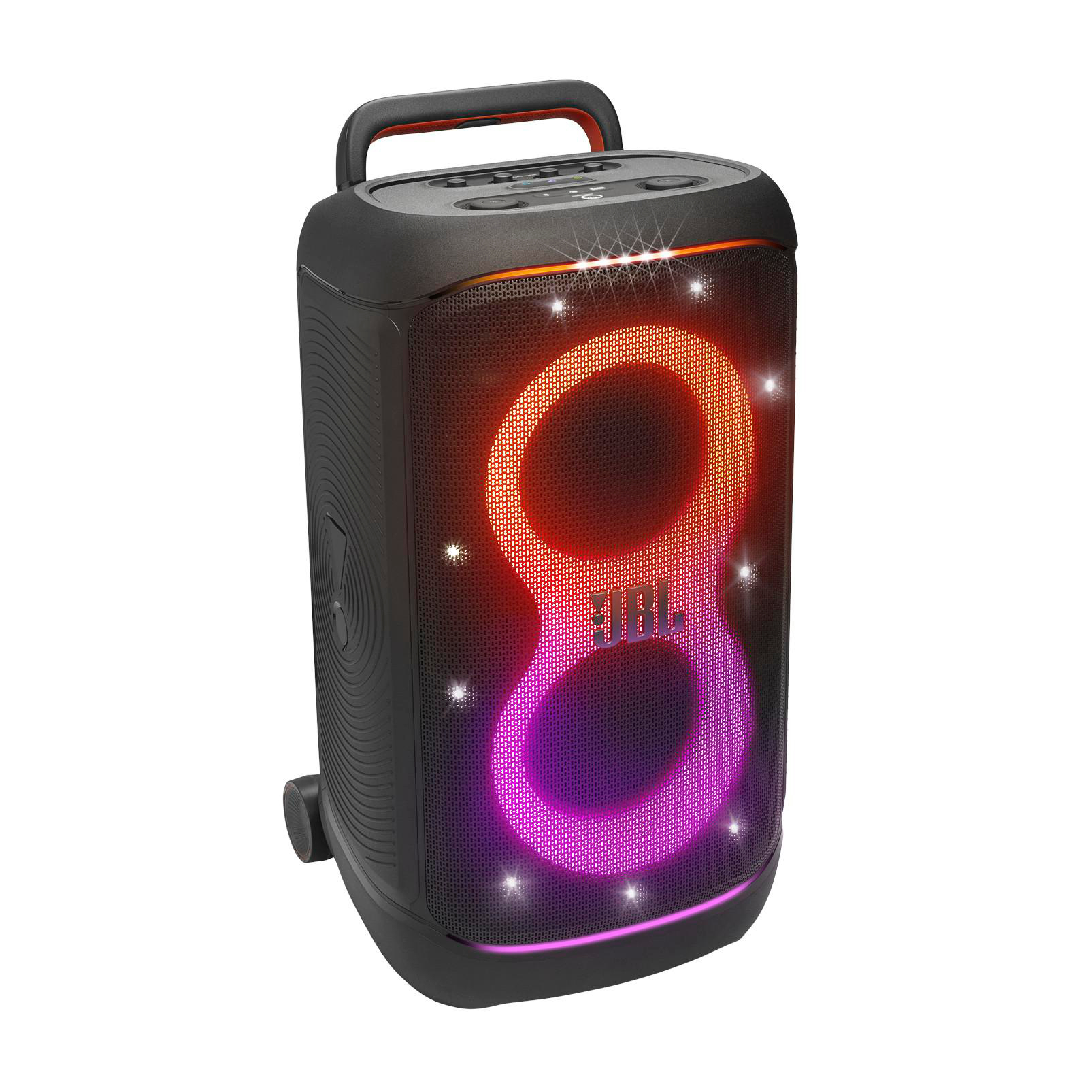 Schwarzer Lautsprecher mit orangefarbenem Griff, leuchtendes 8er-Muster. JBL-Logo sichtbar.