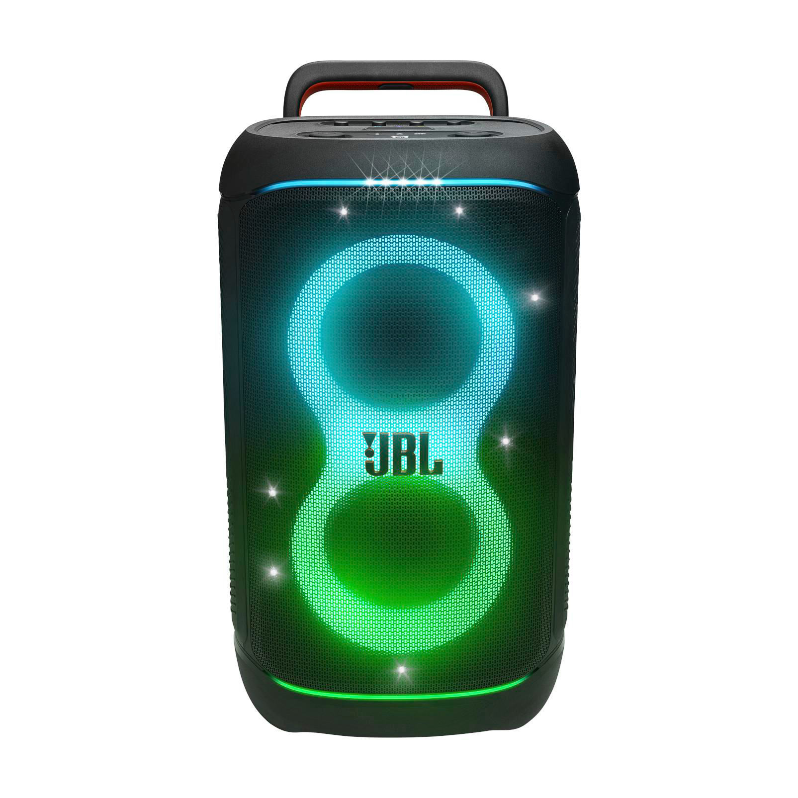 Schwarzer Lautsprecher mit leuchtendem 8er-Muster. JBL-Logo vorhanden.