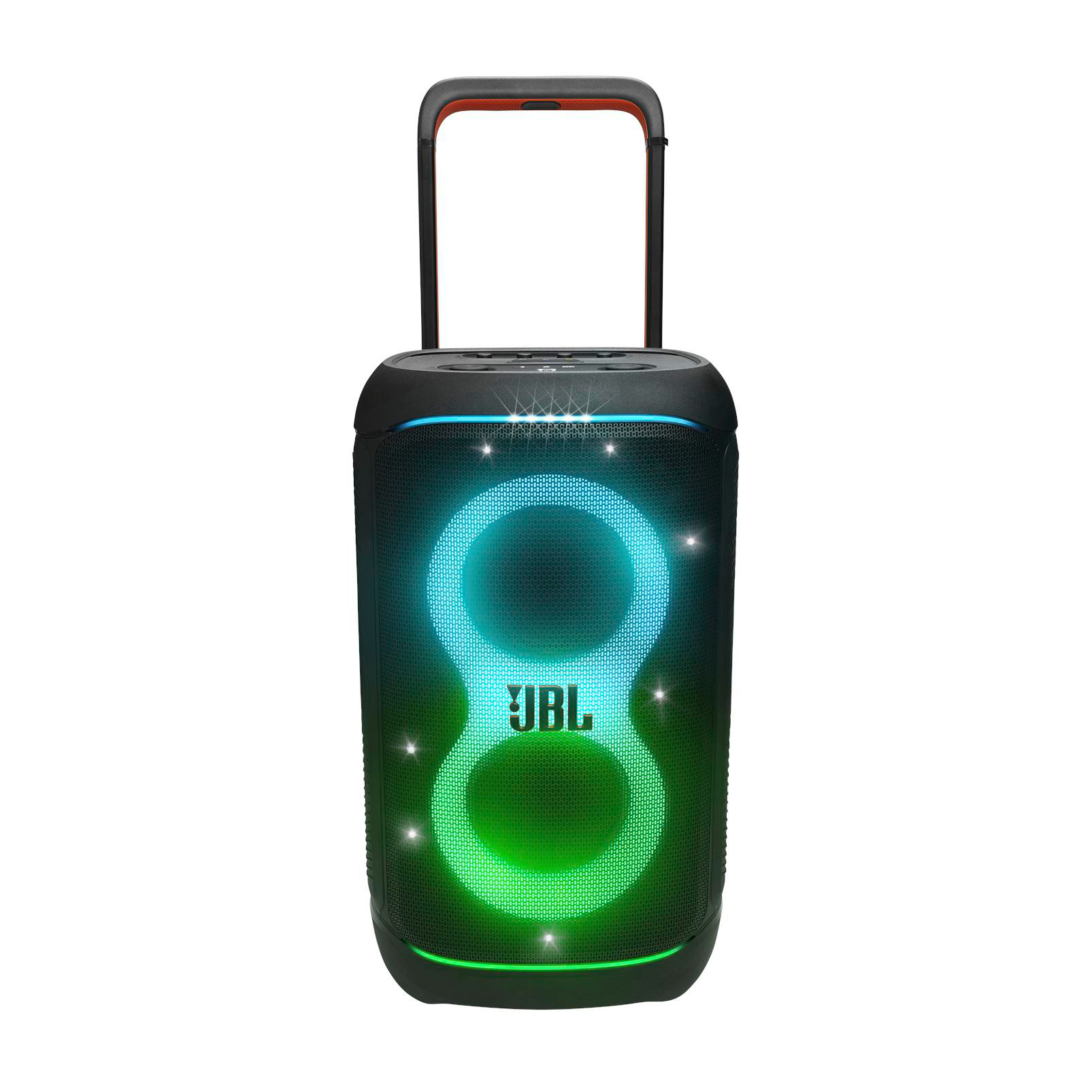 Schwarzer Lautsprecher mit leuchtendem 8er-Muster und orangefarbenem Griff. JBL-Logo vorhanden.