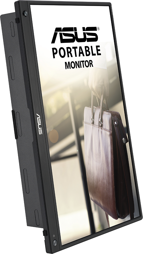Az ASUS Portable Monitor egy képet mutat. A kijelző össze van hajtva. A képen egy aktatáskás személy látható.