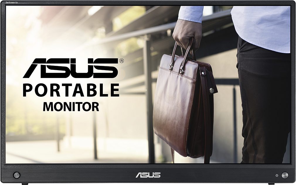 Az ASUS Portable Monitor egy aktatáskát tartó személy képét mutatja a háttérben.