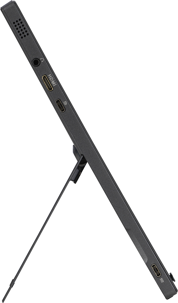 ASUS Portable Monitor. Oldalnézet. A portok és a kitámasztó láthatók.