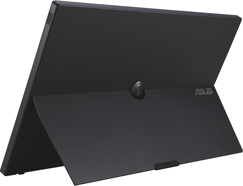 Az ASUS Portable Monitor nyitva van. A hátulja és az állvány látható.