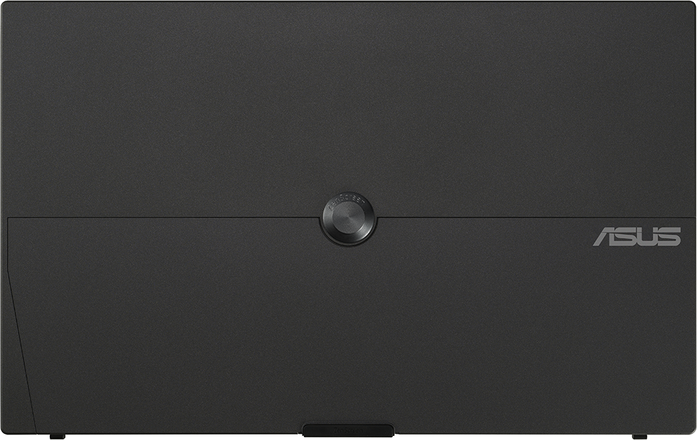 Fekete laptop, középen kör alakú gombbal és ASUS logóval.