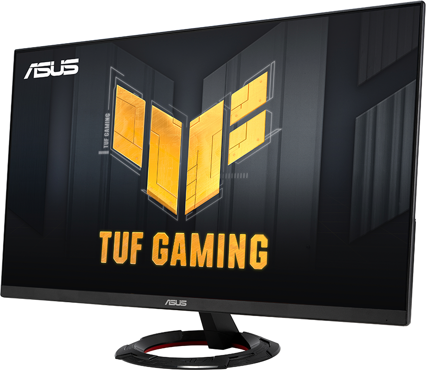 Fekete monitor sárga logóval és állvánnyal, TUF GAMING logót mutatva.