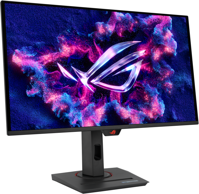 Szögletes nézet egy monitorról, a ROG logóval a képernyőn, és egy fekete alappal, piros díszítéssel.