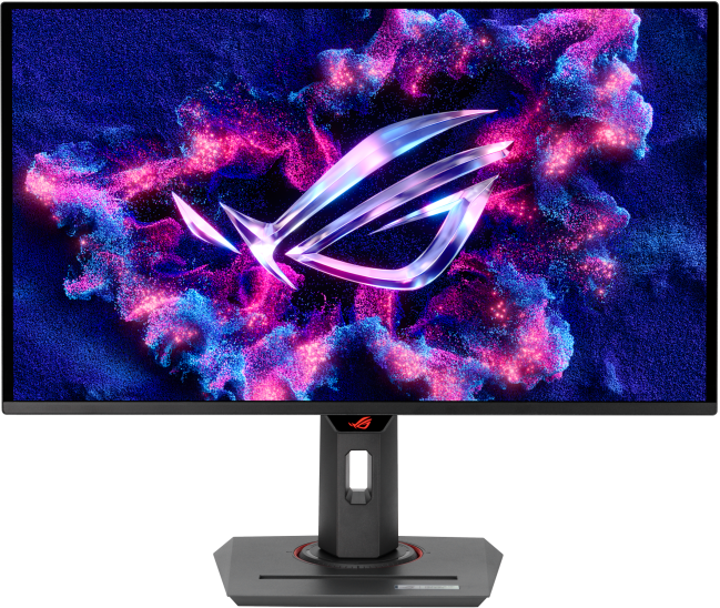 A monitor elölnézete a ROG logóval a képernyőn, fekete állványon, piros díszítéssel.
