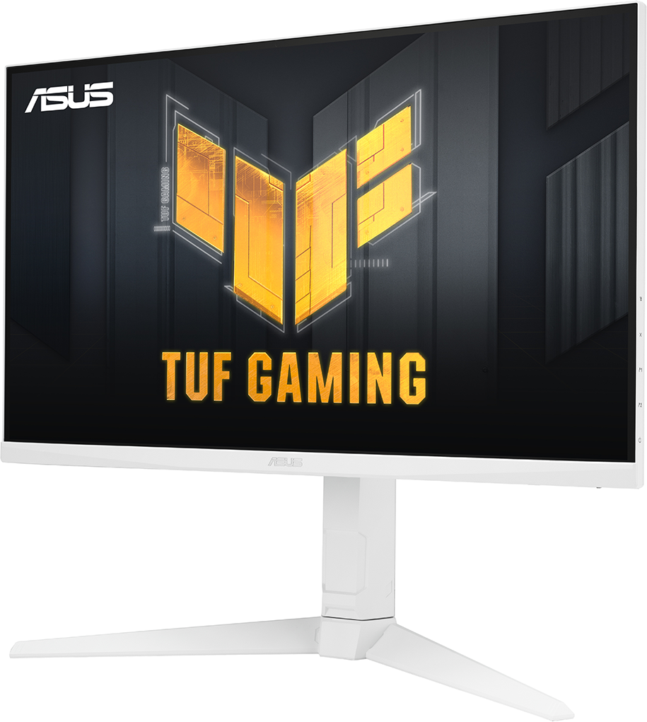 Fehér ASUS monitor, szögletes nézetben, a TUF GAMING logóval a képernyőn.