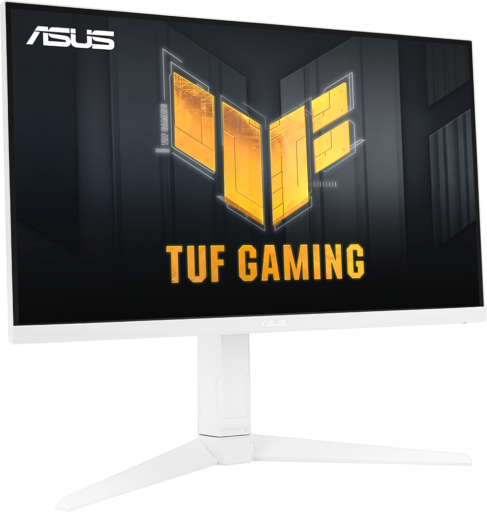 Fehér ASUS monitor, szögletes nézetben, a TUF GAMING logóval, fehér állvánnyal.