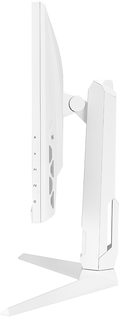 Fehér ASUS monitor oldalról, a képernyő szélét, a portokat és az állványt mutatja.