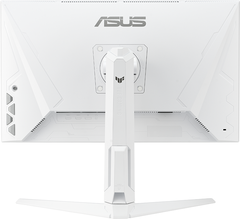 Fehér ASUS monitor hátulja, portok, állványcsatlakozás és az ASUS logóval.