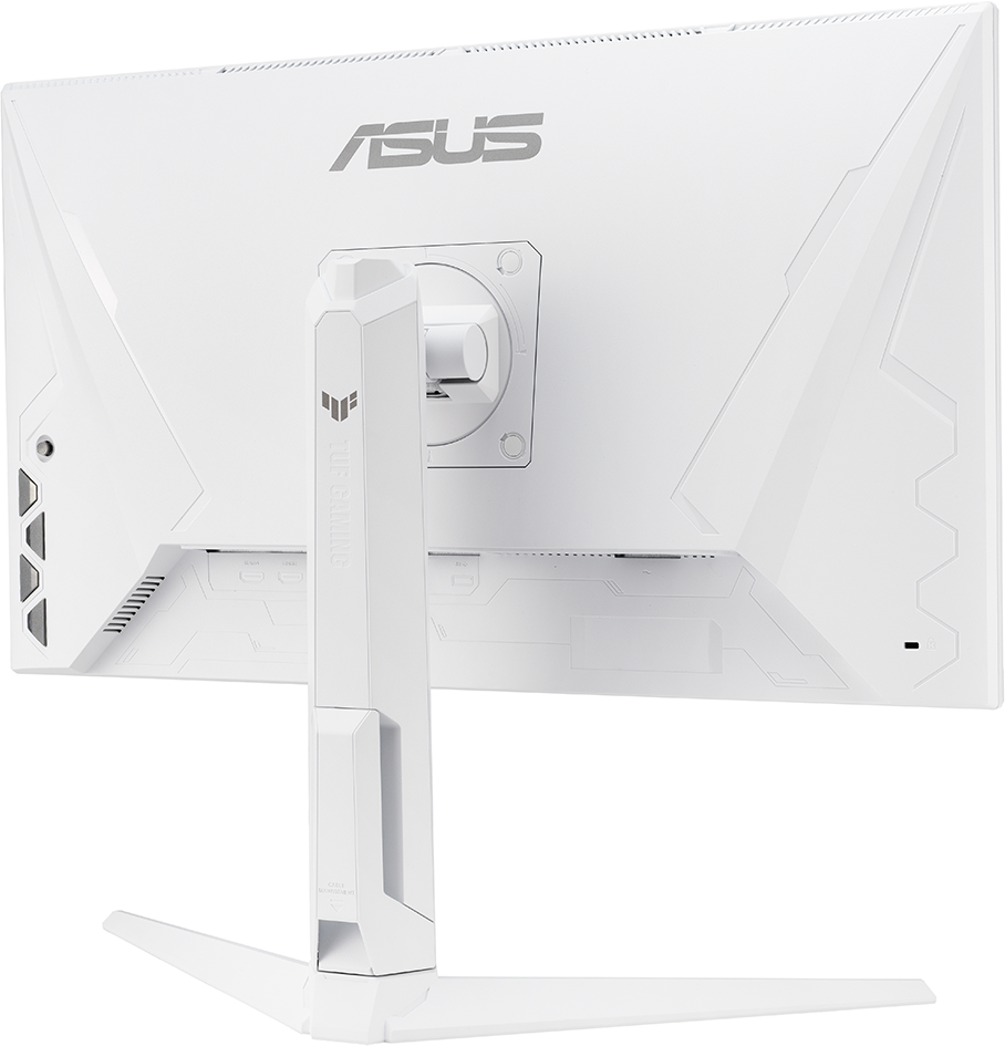 Fehér ASUS monitor hátulja, portok, állvány és a TUF GAMING logóval.