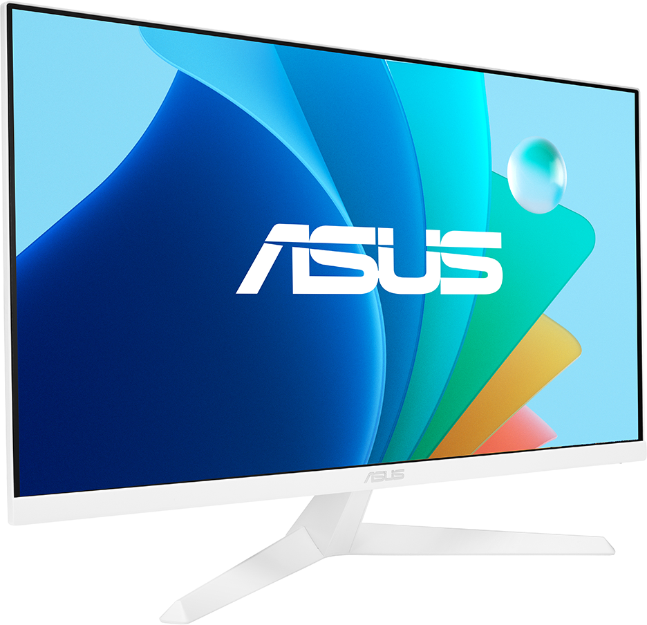 Fehér ASUS monitor, szögletes nézetben, absztrakt kék, zöld és sárga háttérrel.