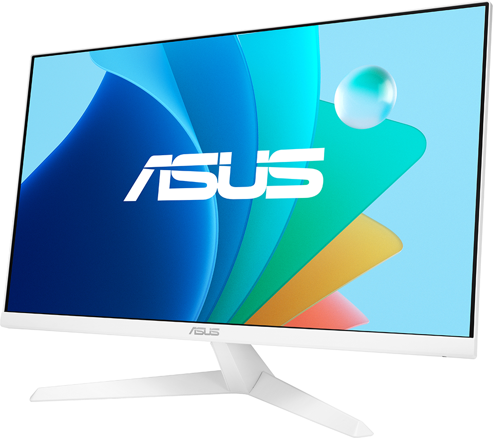 Fehér ASUS monitor hátulja, portokkal, állvánnyal és az ASUS logóval.