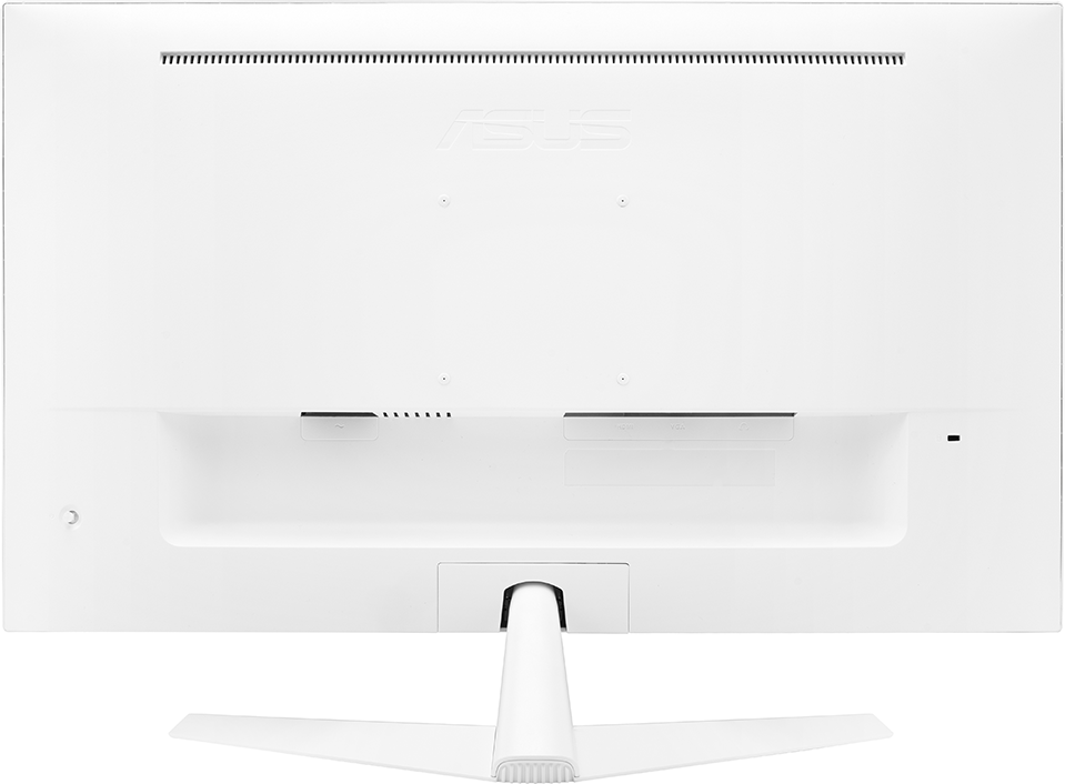Fehér ASUS monitor hátulja, portokkal és az állvánnyal.