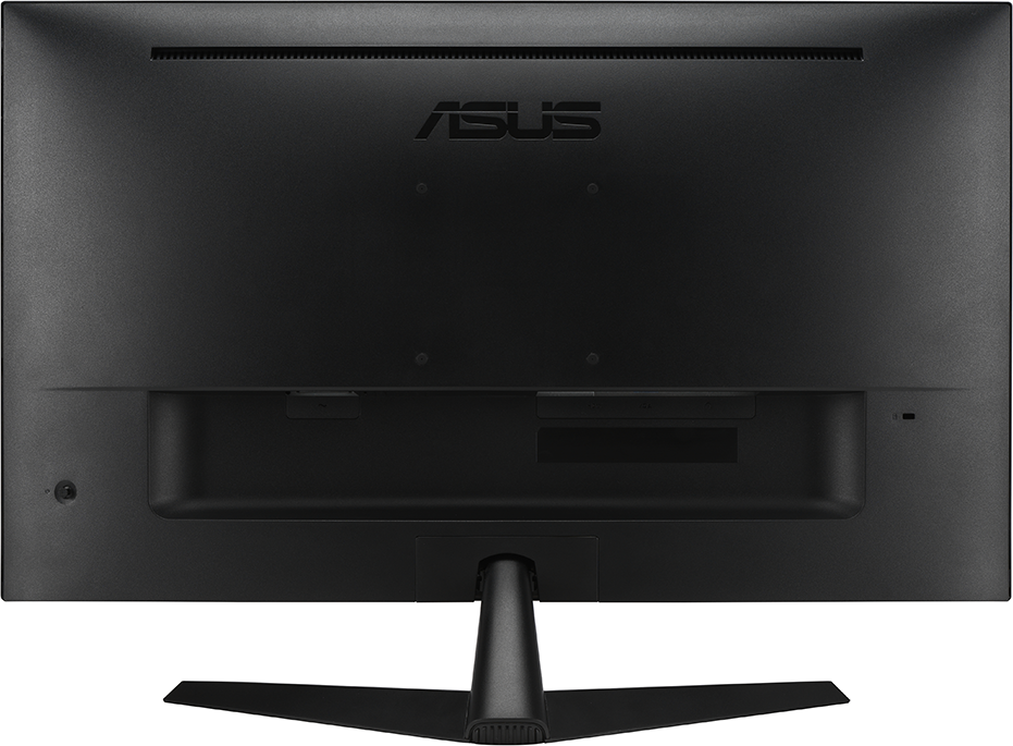 Egy fekete ASUS monitor, oldalnézetben, enyhén megdöntve.