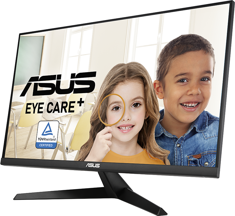 ASUS monitor gyerekekkel és Eye Care+ logóval.