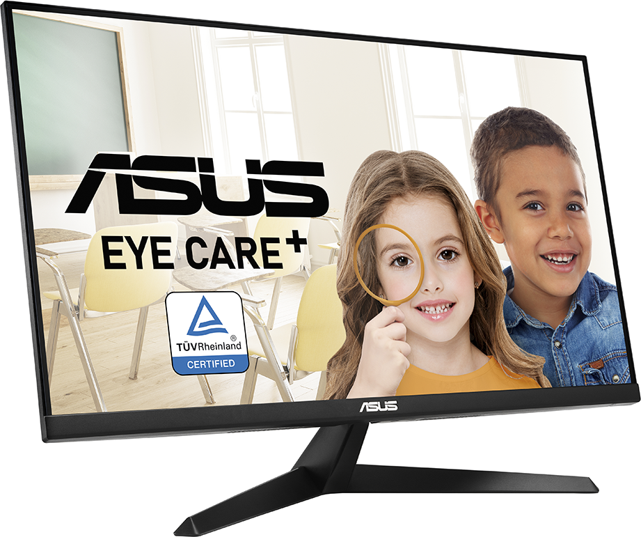 Egy fekete ASUS monitor hátulja, csatlakozókkal és állvánnyal.