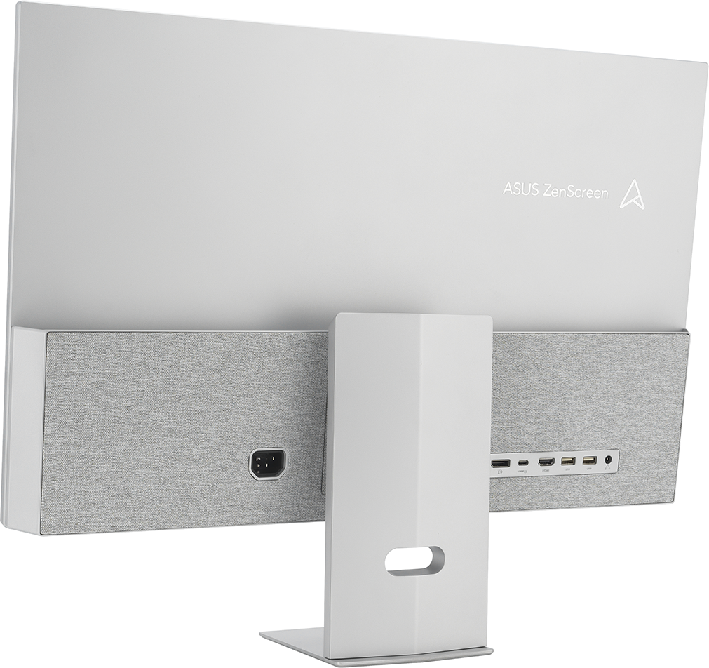 Egy fehér ASUS monitor hátulja a ZenScreen logót, a portokat és a bemeneti nyílást mutatja.