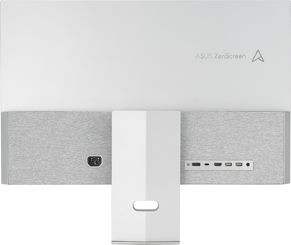 Egy fehér ASUS monitor hátulja a ZenScreen logót, a portokat és a bemeneti nyílást mutatja.