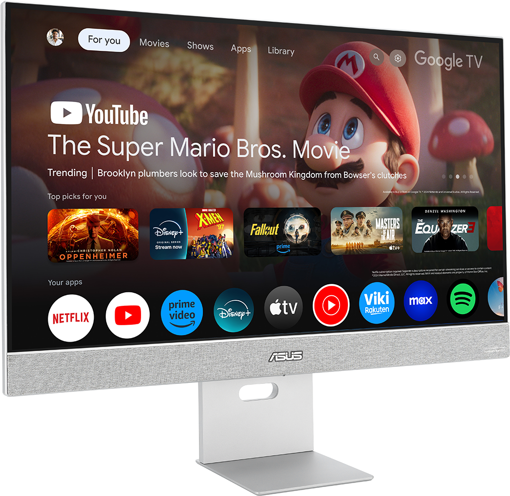 Az ASUS monitor a Google TV felületet mutatja, beleértve a YouTube-ot és a Super Mario Bros. Movie-t.
