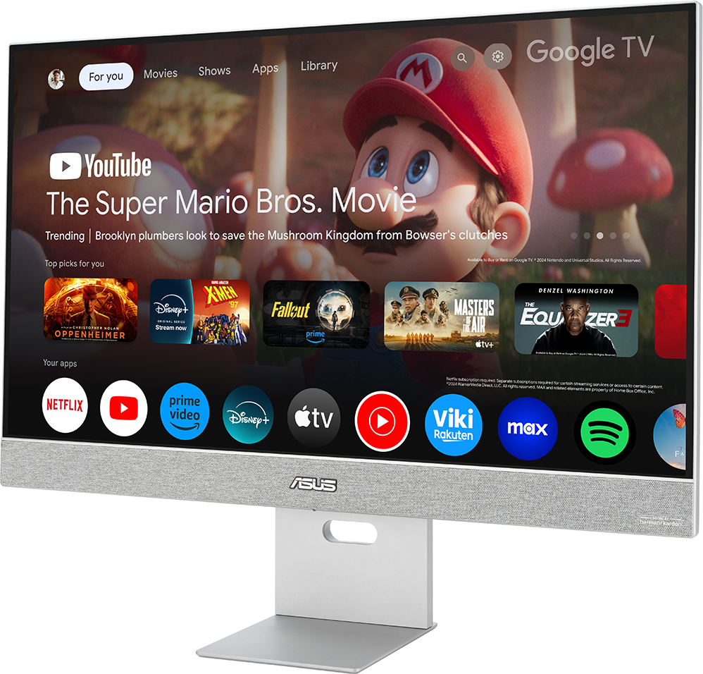 Az ASUS monitor a Google TV felületet mutatja, beleértve a YouTube-ot és a Super Mario Bros. Movie-t.