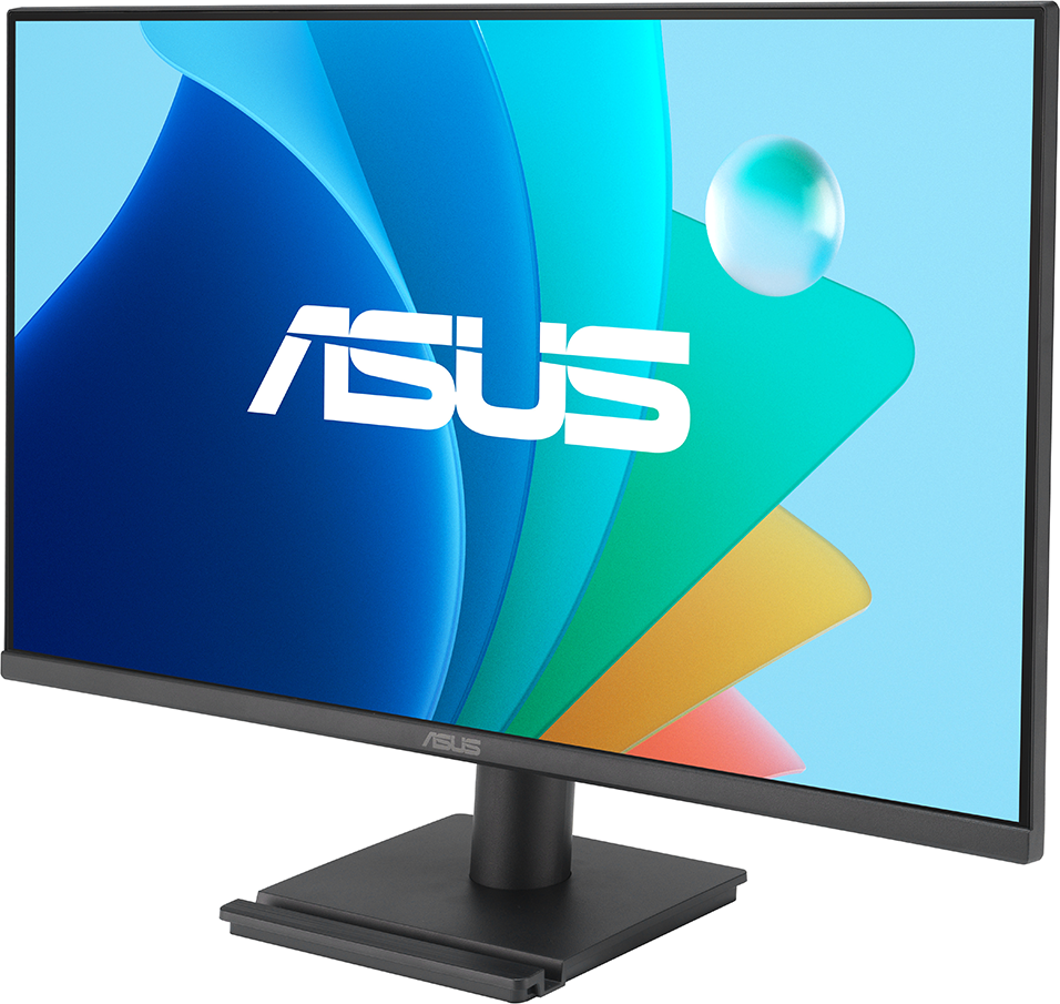 Fekete monitor háromnegyedes nézete színes, absztrakt képpel, ASUS logóval.