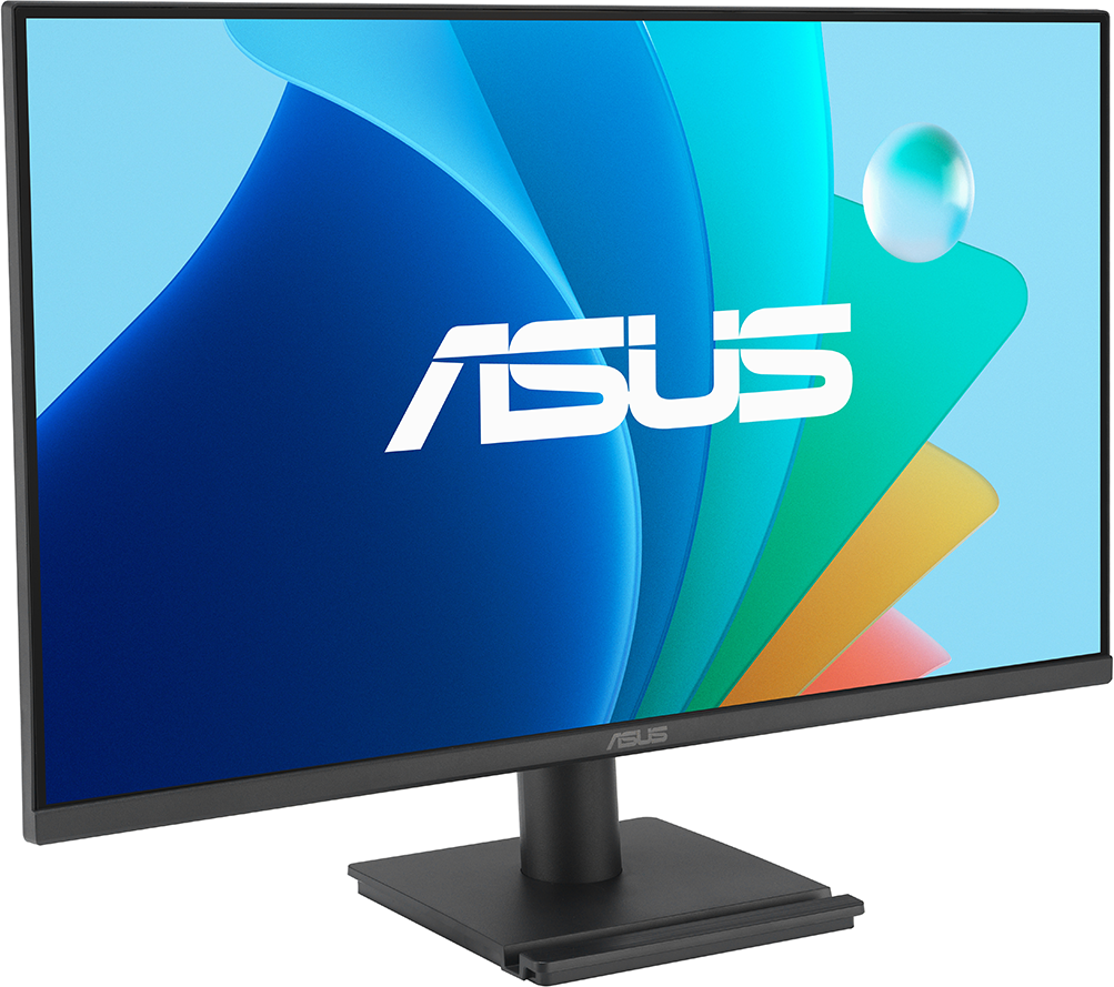 Fekete monitor elölnézete színes, absztrakt képpel, ASUS logóval.