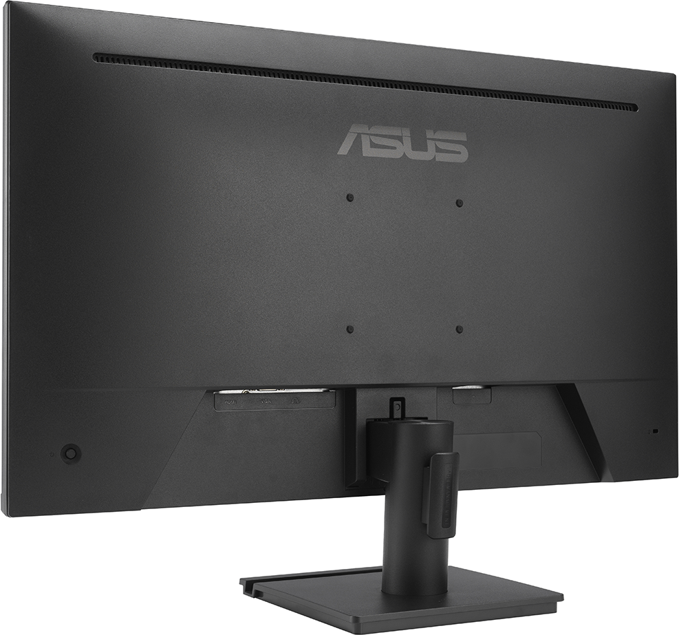 Fekete monitor hátulról, ASUS logóval és különböző portokkal.