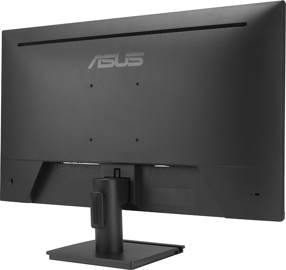 Fekete monitor hátulról, ASUS logóval és különböző portokkal.