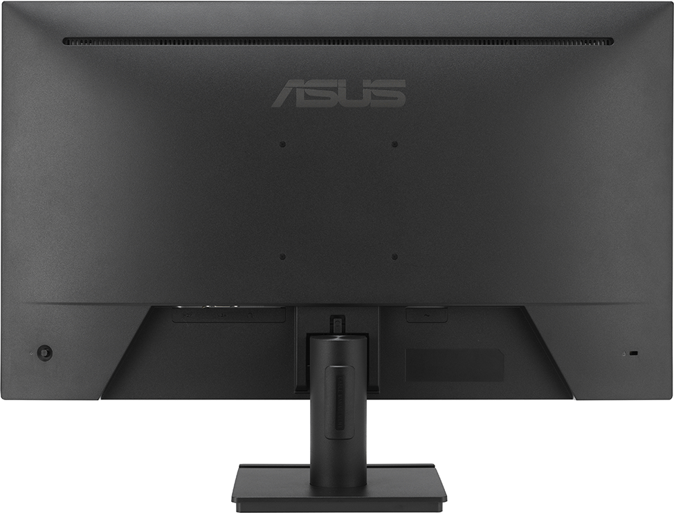 Fekete monitor hátulról, ASUS logóval és különböző portokkal.