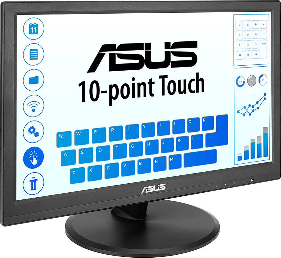 Fekete ASUS monitor szögletes nézete, 10 pontos érintőkijelzővel, billentyűzet ikonokkal.