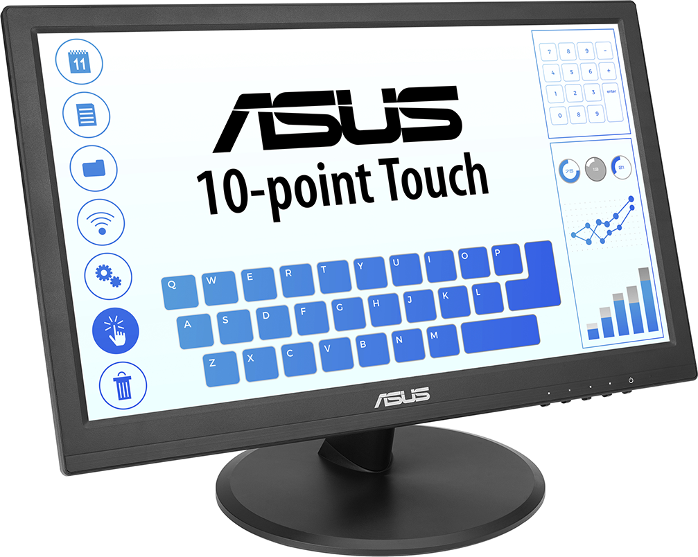 Szögletes nézet, fekete ASUS monitor, 10 pontos érintőkijelzővel, billentyűzettel és ikonokkal.
