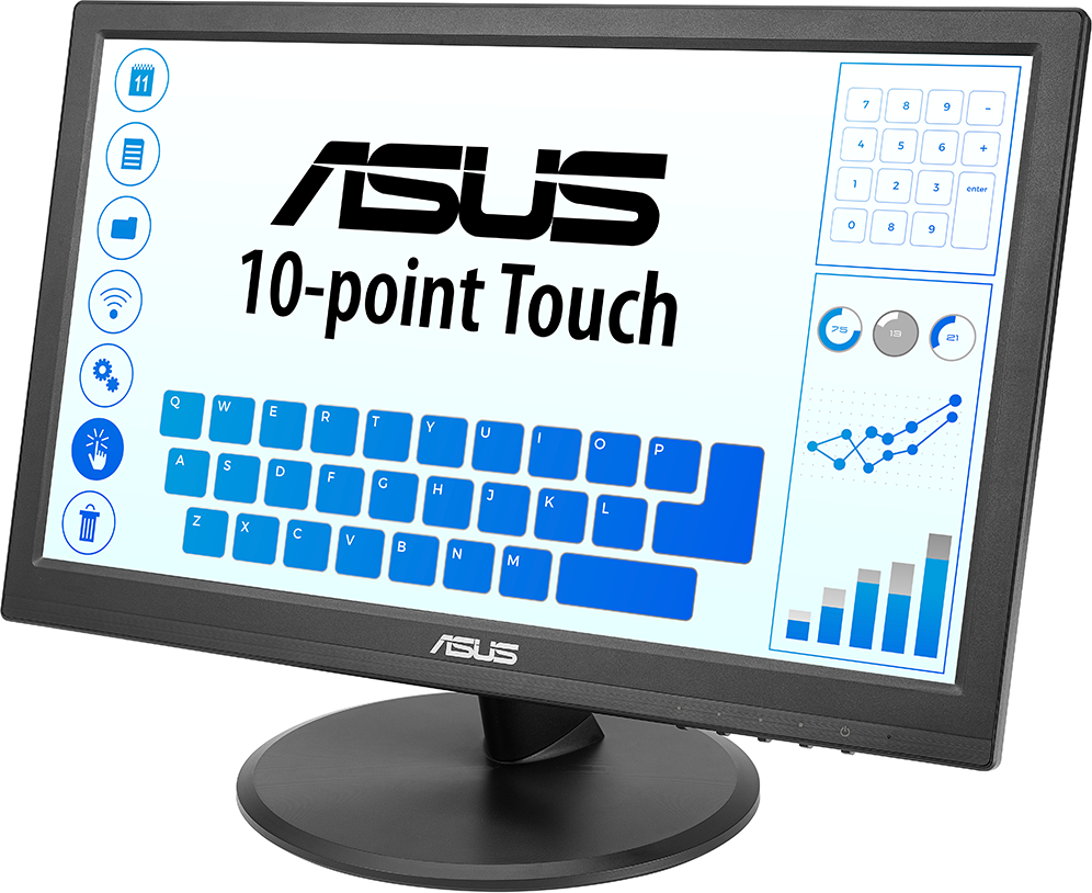ASUS monitor 10 pontos érintőkijelzővel, képernyő-billentyűzettel és különböző ikonokkal.
