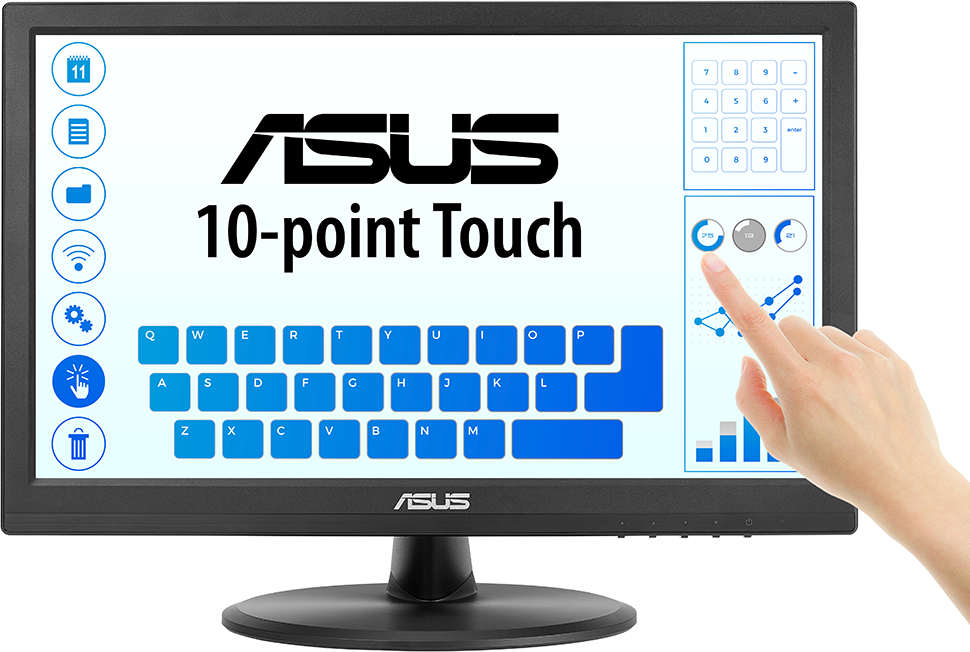 Kéz megérinti az ASUS monitor érintőképernyőjét, különböző ikonok jelennek meg.
