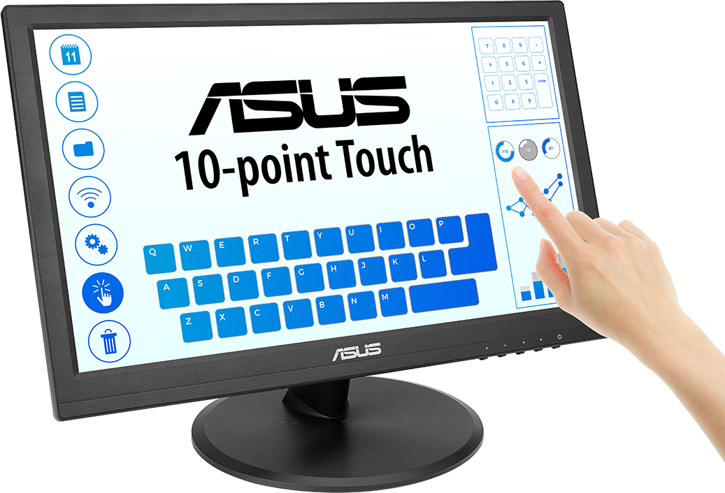 Kéz megérinti az ASUS monitor érintőképernyőjét. Grafikonok, billentyűzet és ikonok láthatók.