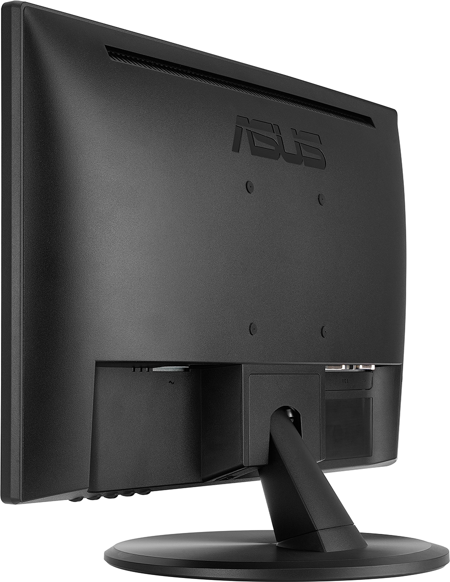 Fekete ASUS monitor oldalsó nézete. A portok és a hátulja láthatók.