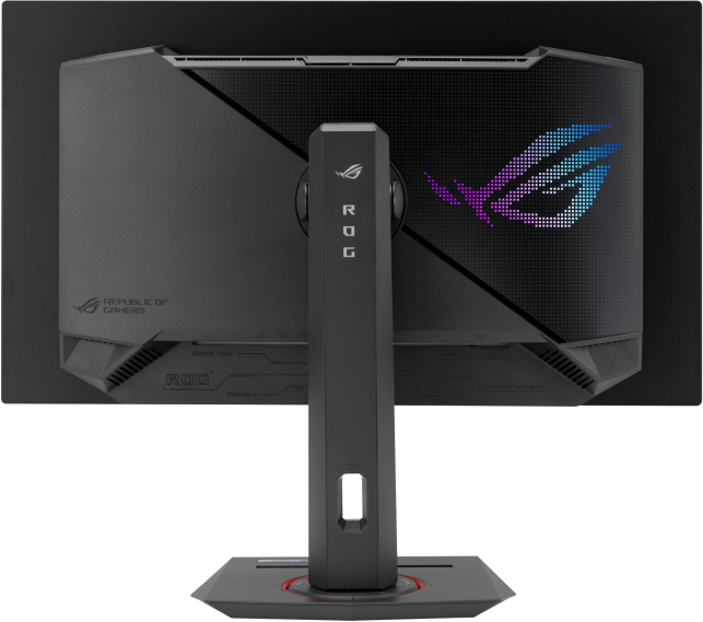 Fekete ROG logós monitor hátulról, állvánnyal. Fekete háttér.