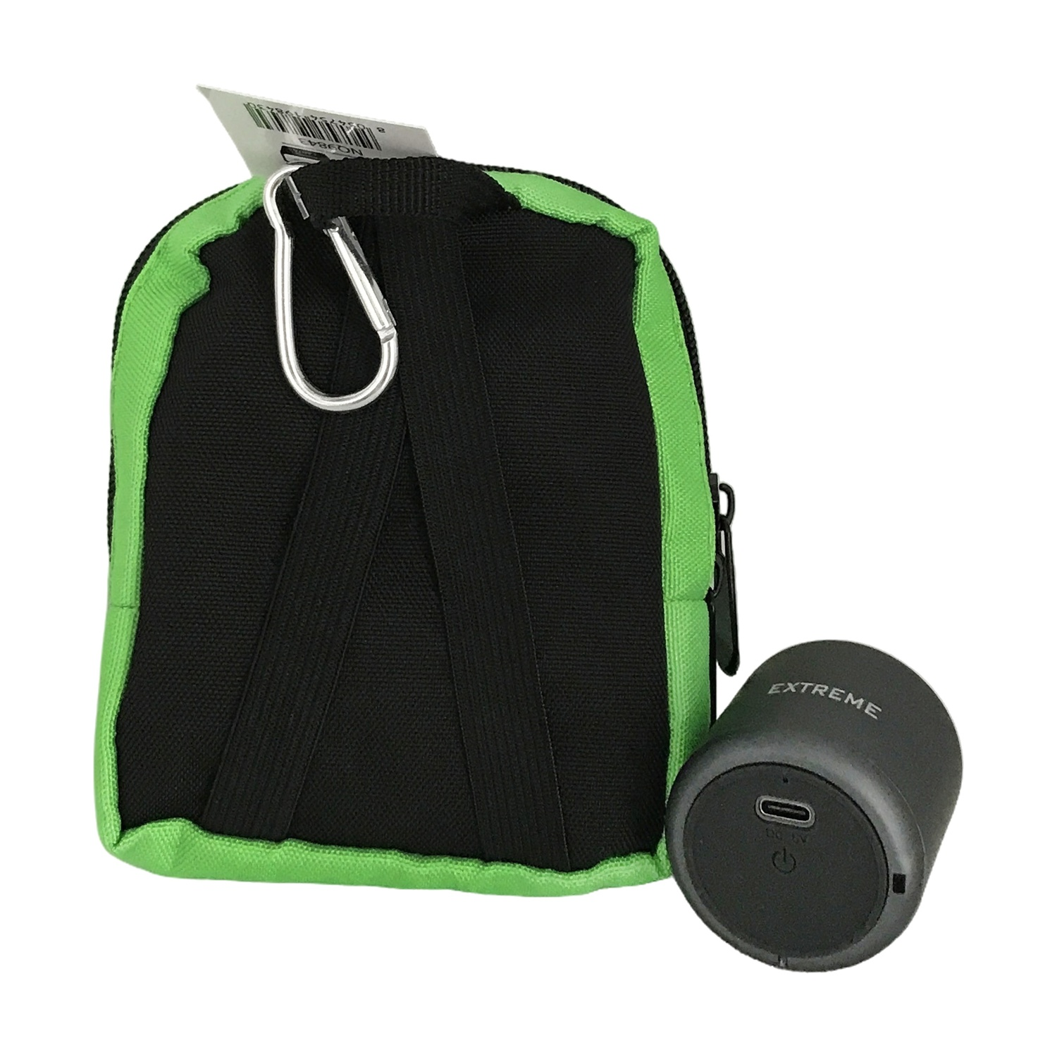 Una borsa verde e nera con un altoparlante. L'altoparlante è nero con "EXTREME" stampato.