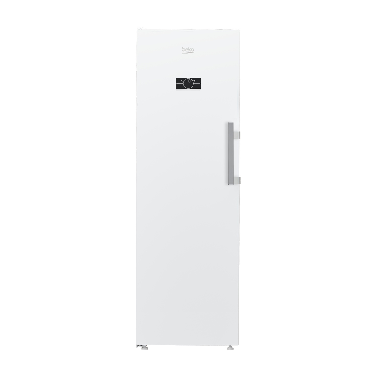 Congelatore Beko bianco. Design alto e verticale. Maniglia argentata e un display digitale presenti.