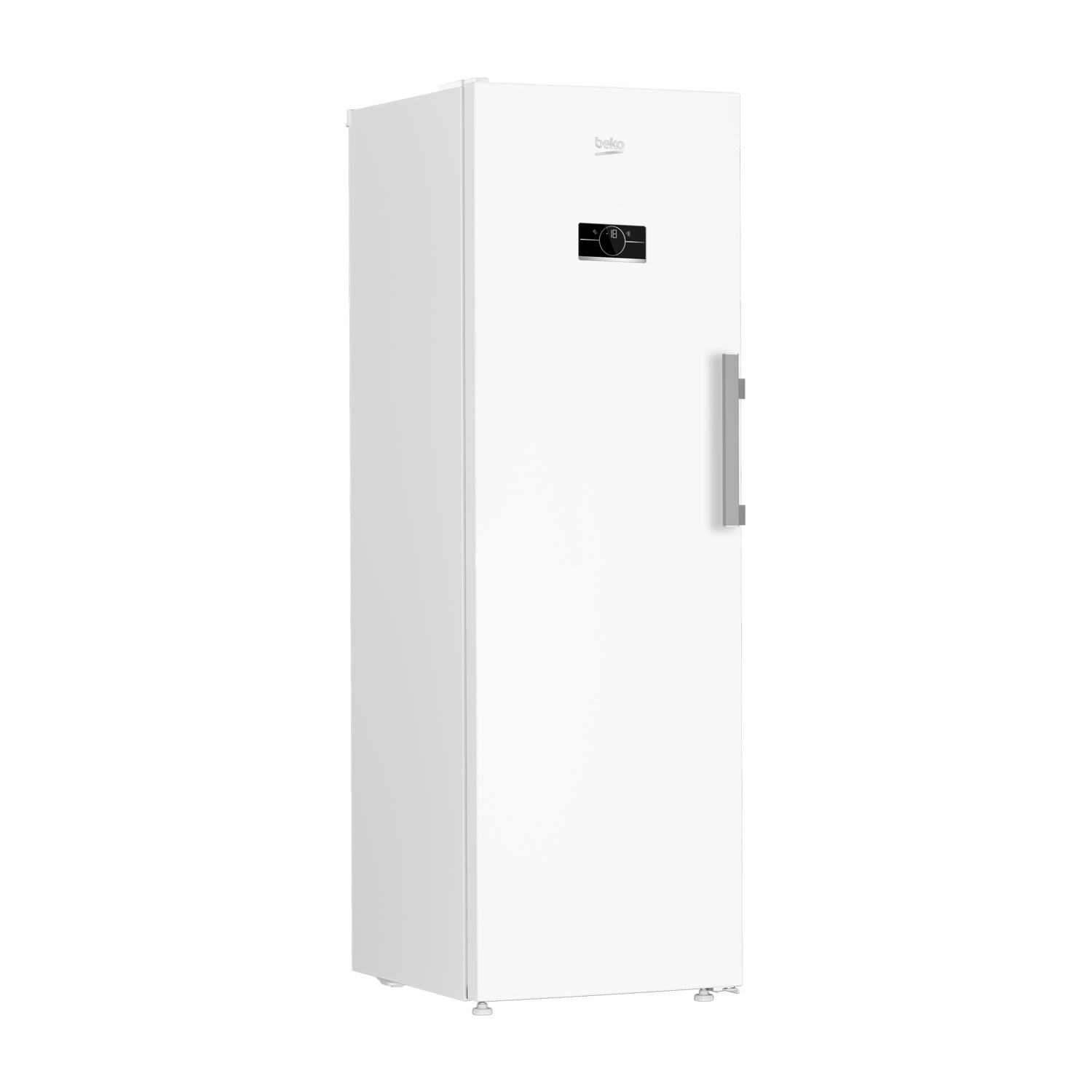 Un congelatore Beko bianco su sfondo bianco. Ha una maniglia e un pannello di controllo con display.
