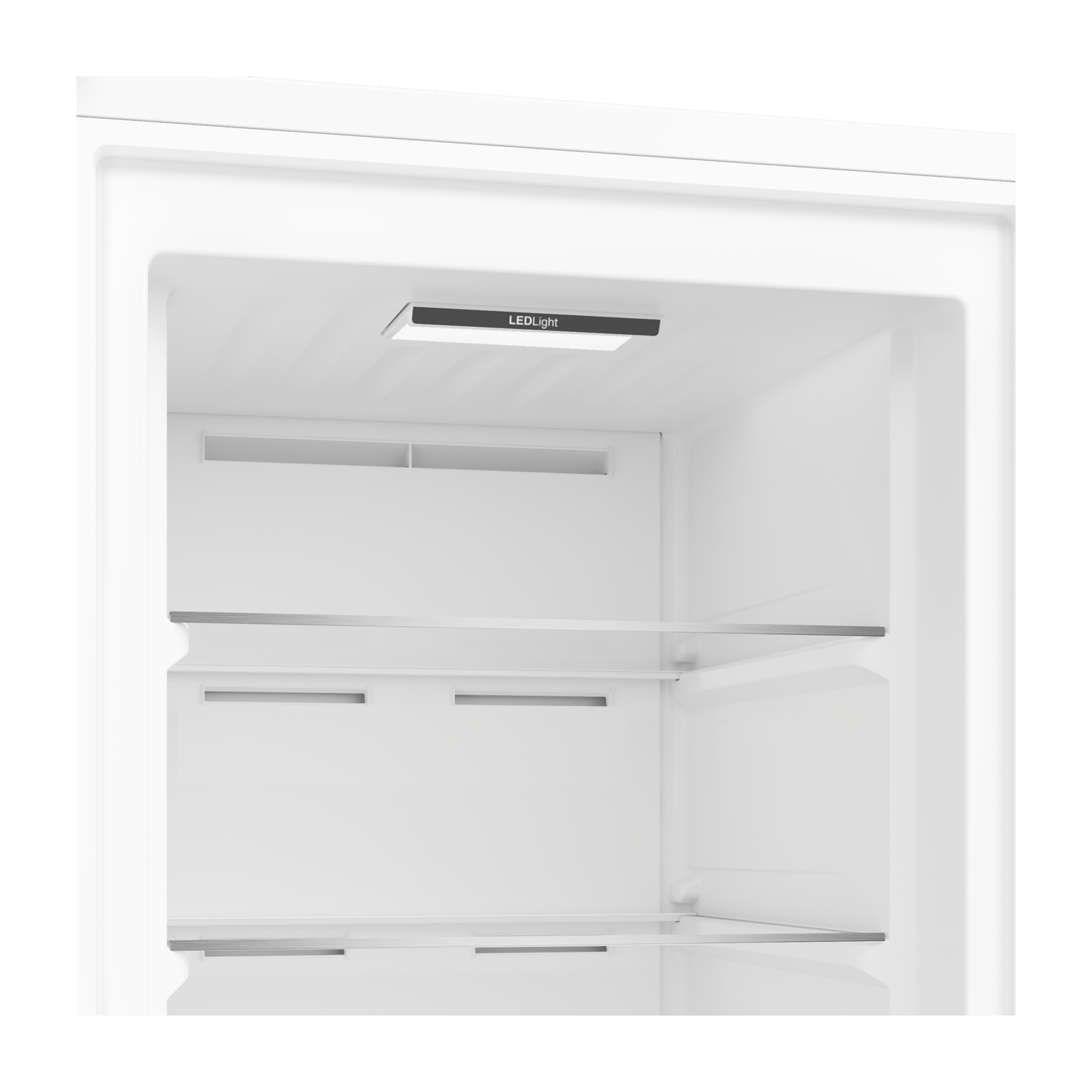 All'interno di un frigorifero bianco. Sono visibili due ripiani in vetro. Una barra luminosa a LED in alto. L'interno è pulito.
