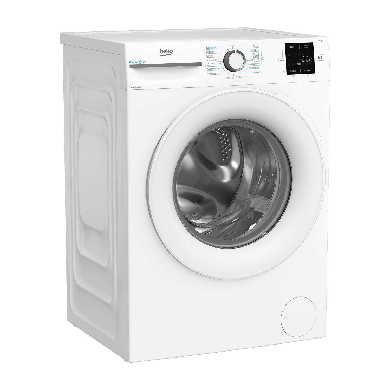 Una lavatrice Beko bianca. Ha un display digitale, una manopola di controllo e una grande porta anteriore. La porta è chiusa.