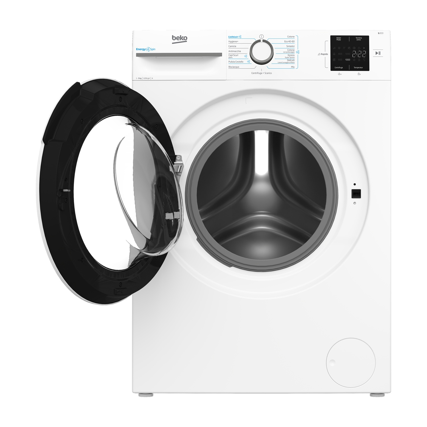 Una lavatrice Beko bianca con porta nera aperta. Il pannello di controllo mostra le impostazioni e un timer digitale. La macchina è nuova.