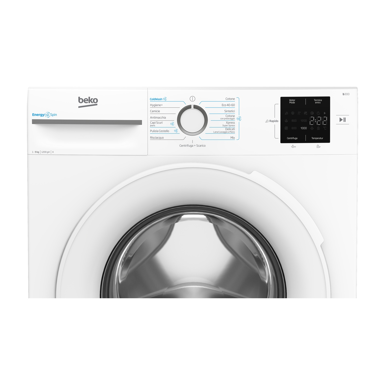 Lavatrice Beko bianca. Dispone di pannello comandi, display digitale e varie opzioni di ciclo di lavaggio.