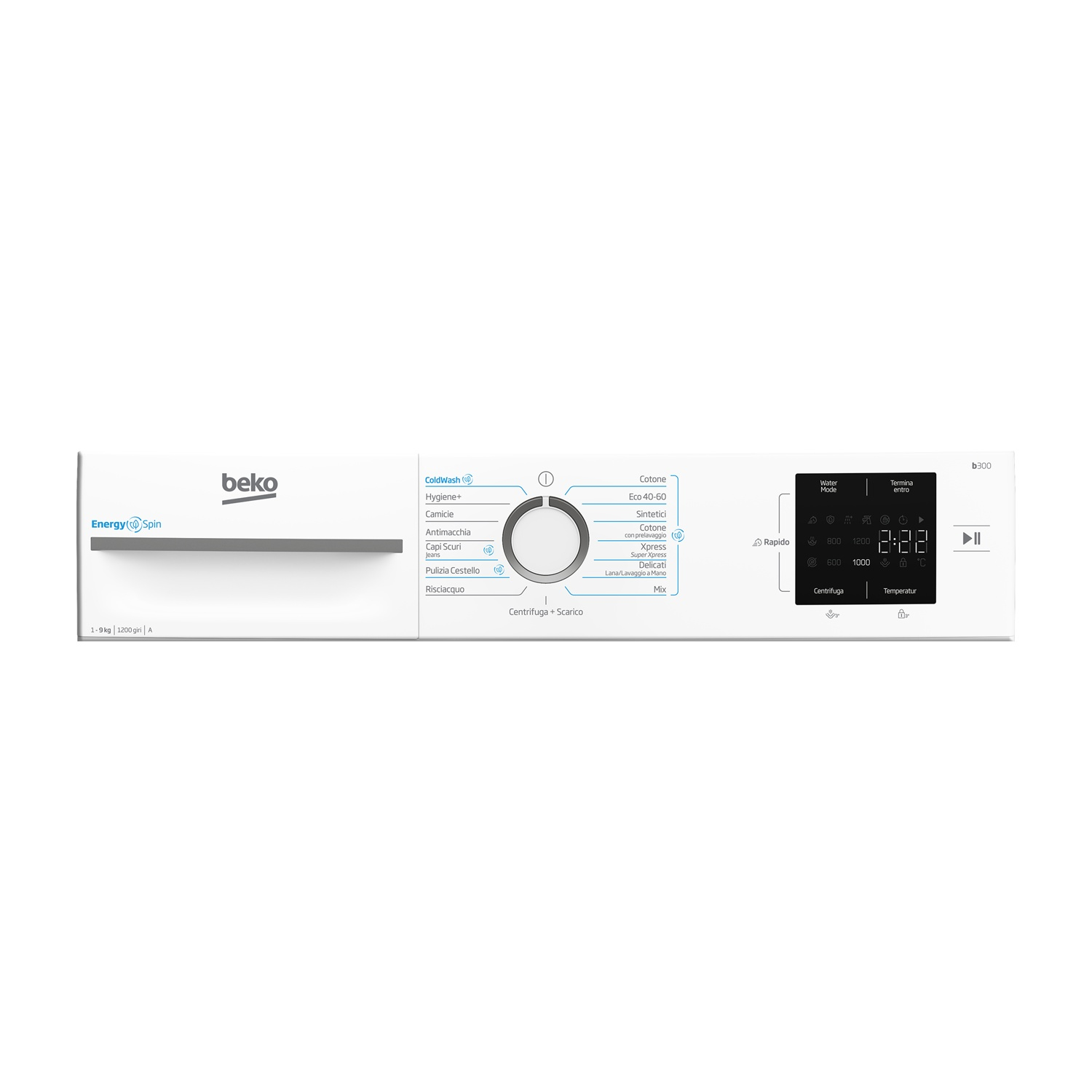 Pannello di controllo bianco della lavatrice Beko. Include opzioni ciclo di lavaggio, display digitale e impostazioni velocità.