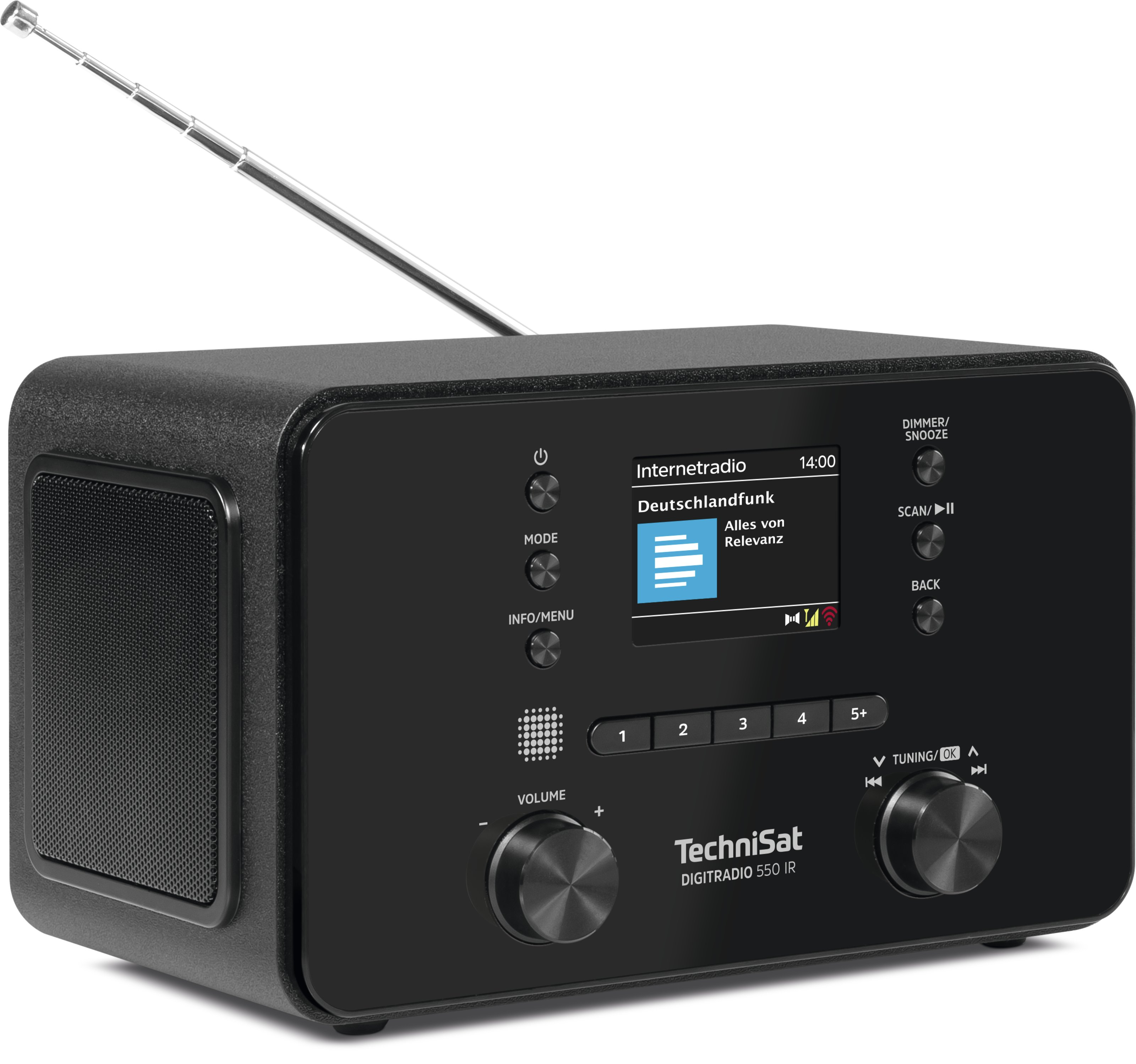 Schwarzes TechniSat Radio mit Display, das Internetradio, Antenne und Lautstärkeregler zeigt.
