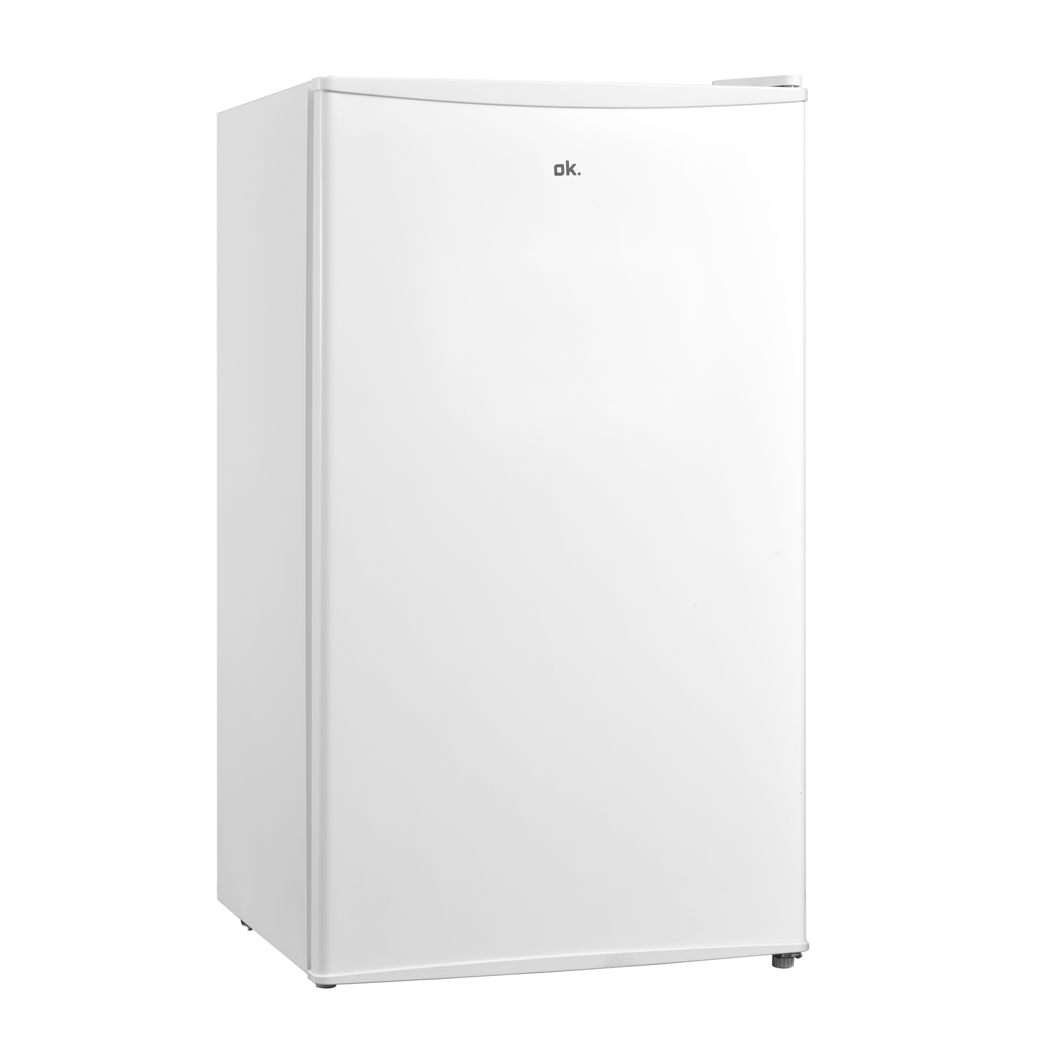 White ok. refrigerator from an angle on a white background. ok. logo on the door.