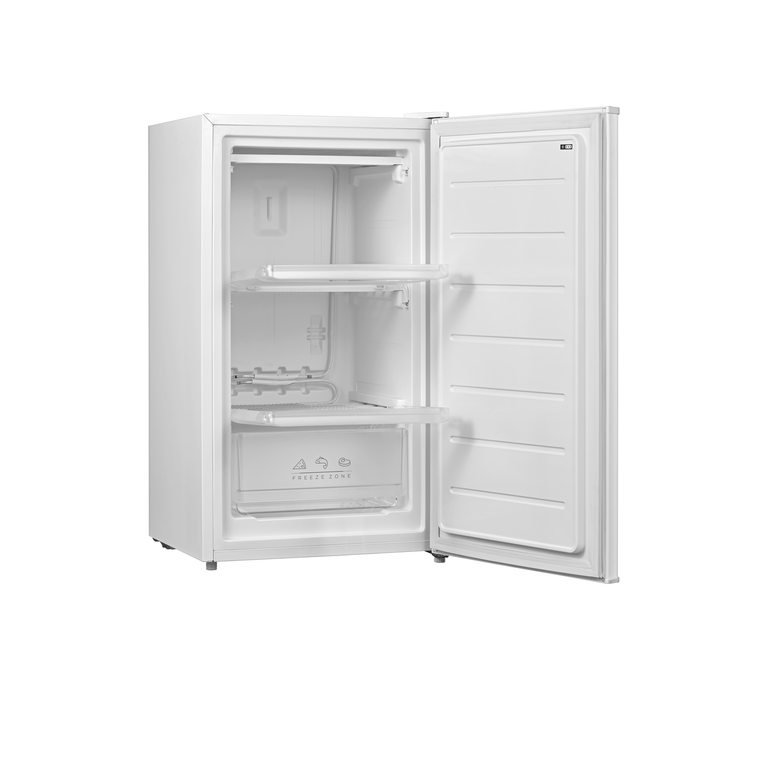 White refrigerator with the door open. Inside are shelves and a freezer drawer.