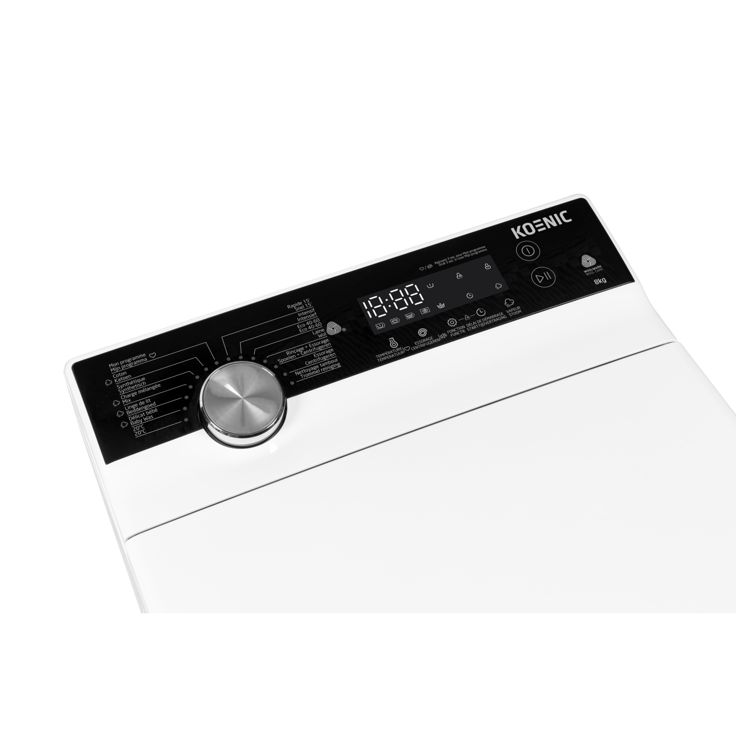 White washing machine with digital display and control panel, the brand is Koenic.